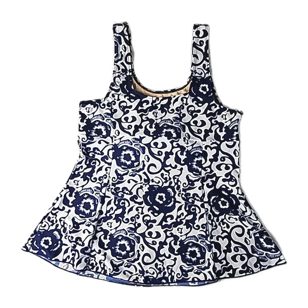 Women's Medium Tankini Swim Top‎ Blue/White Floral Soft Cup Stretch Classic EUC